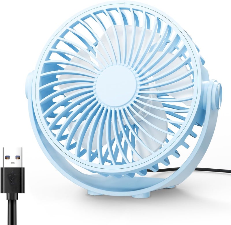 Edvision USB Desk Fan, 5 Inch Mini Portable, 3 Speeds Strong Airflow Personal Desktop, Detachable Cooling Fan 360° Rotation Quiet Small Fan for Desk Home Office Travel Car, Blue, 5ft Cable - Image 1